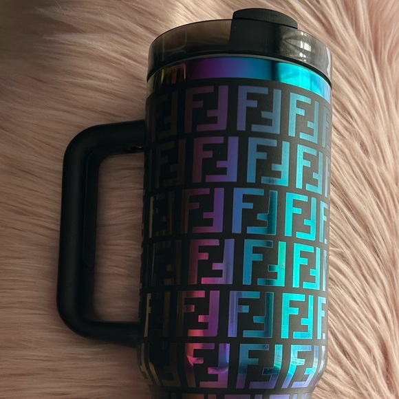 Lux Black Rainbow Multicolor 40oz Lazer Cut Travel Mug Workout Office Work - Picture 4 of 4